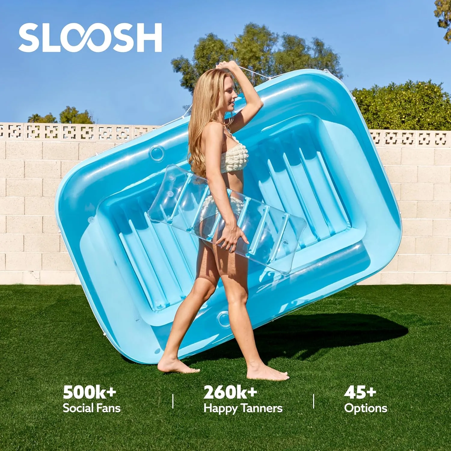 SLOOSH Inflatable Tanning Pool Lounger Float, 70" x 46" Pool Floats Adult with Pillow, 4 in 1 Suntan Tub Raft Floatie,Sunbathing Bed Lounge for Water Blow Up Kids Ball Pit Party Gifts, L-Blue