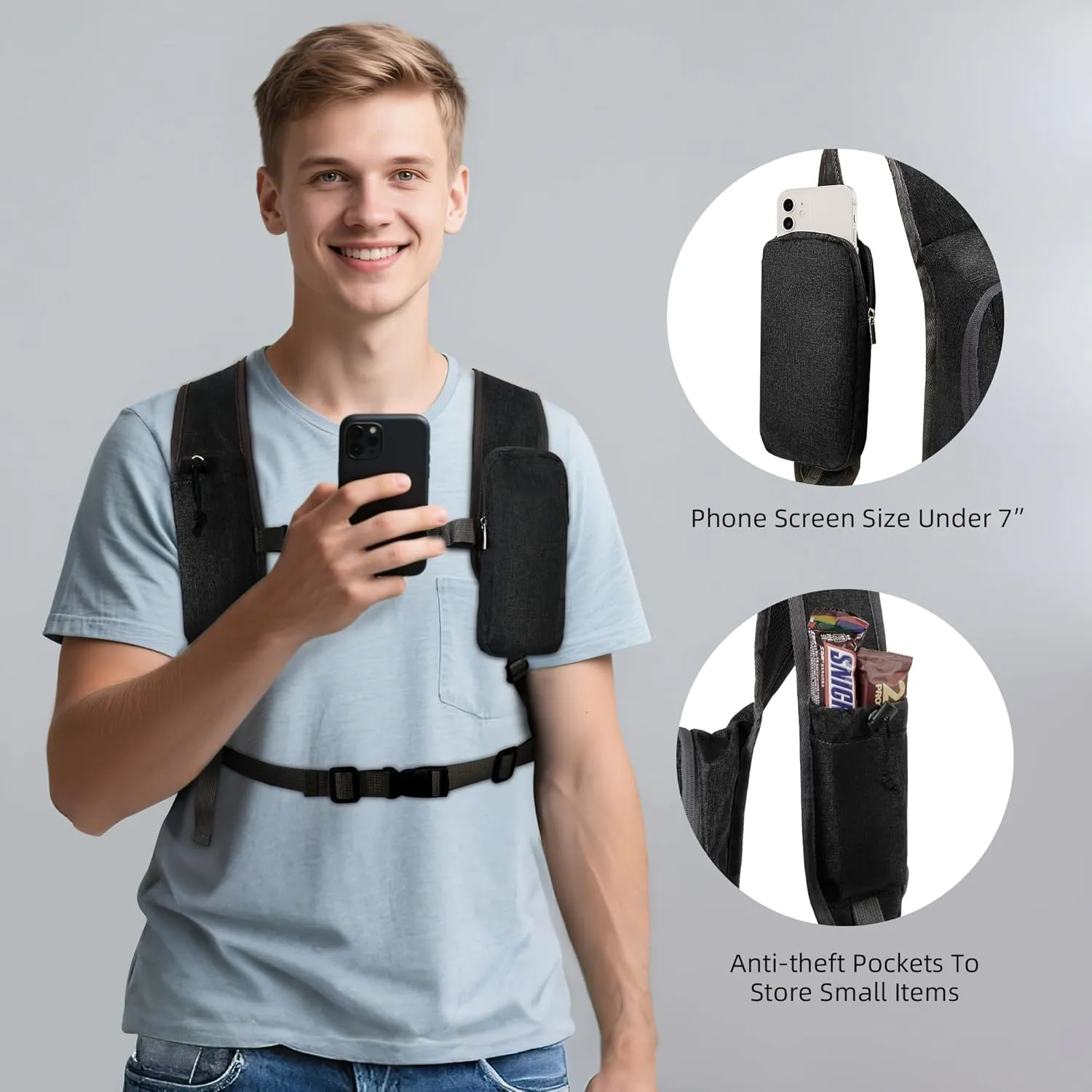Small Hiking Backpack with Detachable Front Phone Holder, Foldable Packable Back pack with Chest and Waist Strap, Lightweight Daypack for Women Men (Black, 15L)