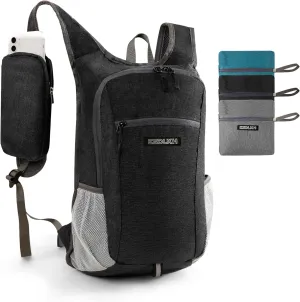 Small Hiking Backpack with Detachable Front Phone Holder, Foldable Packable Back pack with Chest and Waist Strap, Lightweight Daypack for Women Men (Black, 15L)