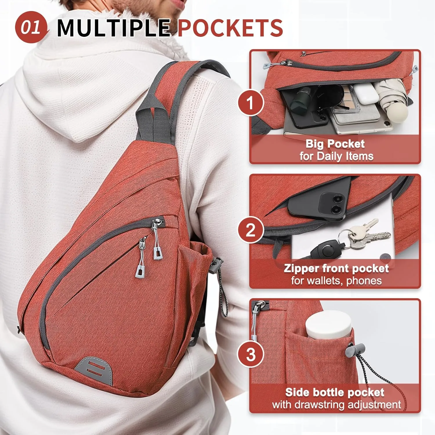 Small Sling Bag Crossbody Hiking Bag 9.36L Shoulder Bag with Headphone Jack, Man Women Crossbody Casual Backpack for Travel, Camping (Red)