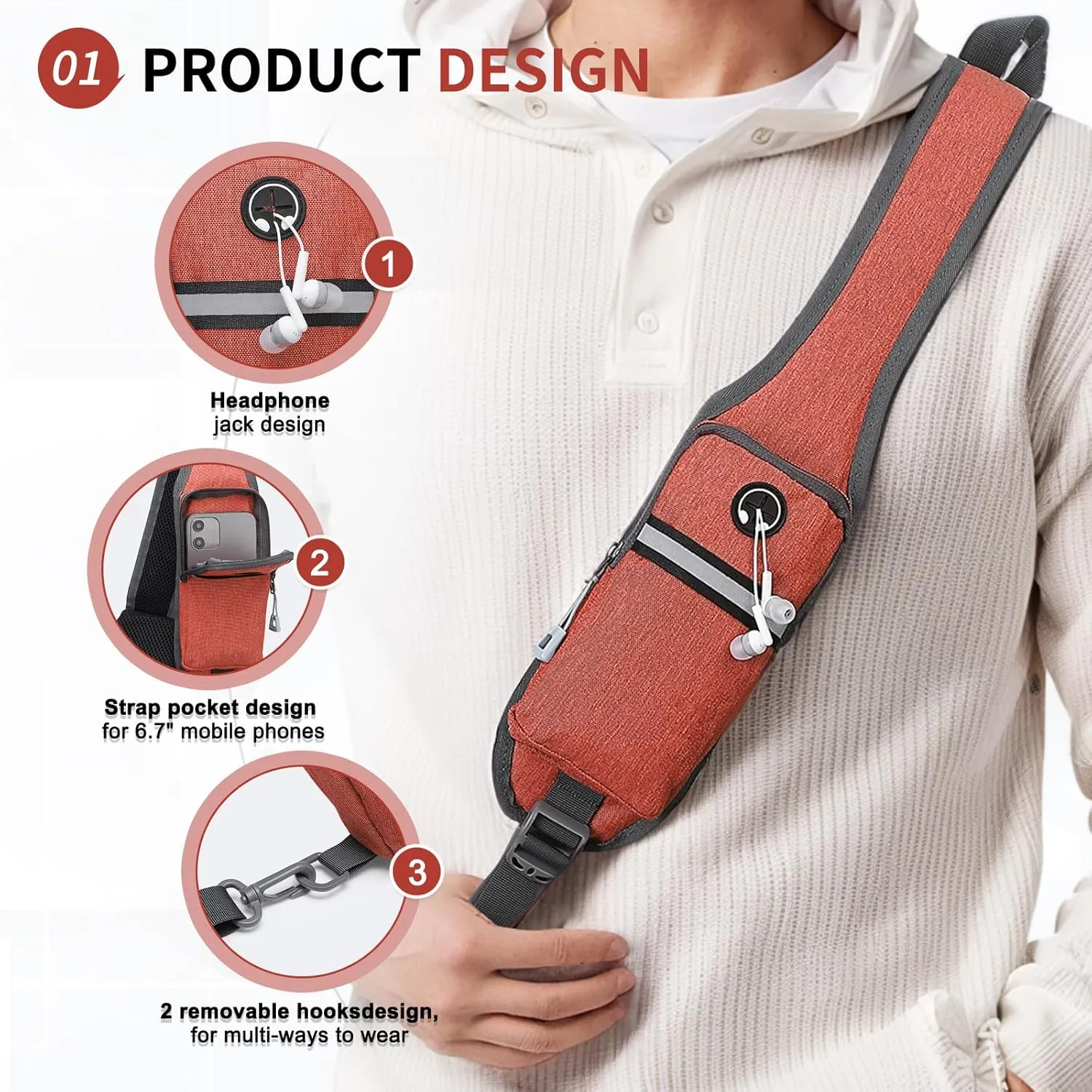 Small Sling Bag Crossbody Hiking Bag 9.36L Shoulder Bag with Headphone Jack, Man Women Crossbody Casual Backpack for Travel, Camping (Red)