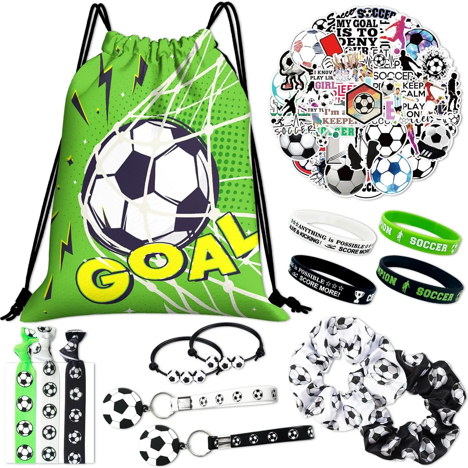 Soccer Drawstring Bag Set Including Drawstring Sackpack Stickers Keychain Hair ring Hair Rope Hair Ties Wristband 7 Pcs