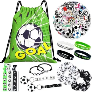 Soccer Drawstring Bag Set Including Drawstring Sackpack Stickers Keychain Hair ring Hair Rope Hair Ties Wristband 7 Pcs