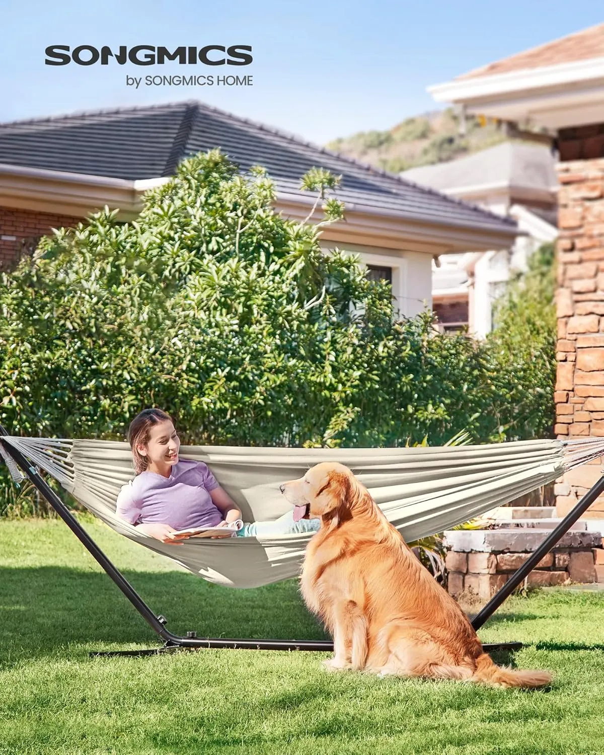 SONGMICS Double Hammock with Stand, 82.7 x 59.1 Inches, 529 lb Load Capacity, Portable Hammock, for Terrace, Balcony, Garden, Outdoor, Camping, Black and Beige UGHS001M01