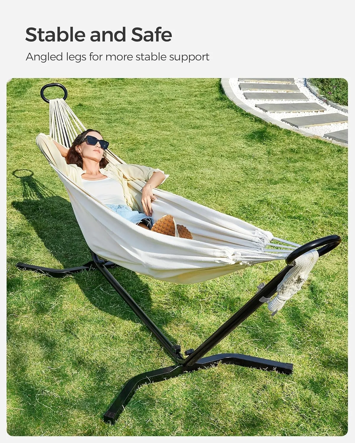 SONGMICS Double Hammock with Stand, 82.7 x 59.1 Inches, 529 lb Load Capacity, Portable Hammock, for Terrace, Balcony, Garden, Outdoor, Camping, Black and Beige UGHS001M01