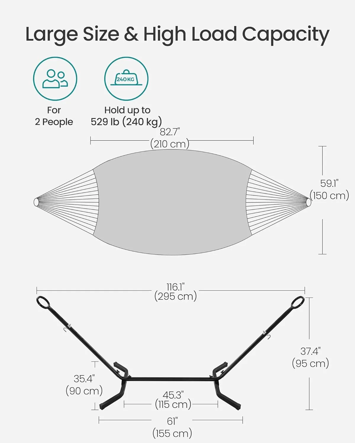 SONGMICS Double Hammock with Stand, 82.7 x 59.1 Inches, 529 lb Load Capacity, Portable Hammock, for Terrace, Balcony, Garden, Outdoor, Camping, Black and Beige UGHS001M01