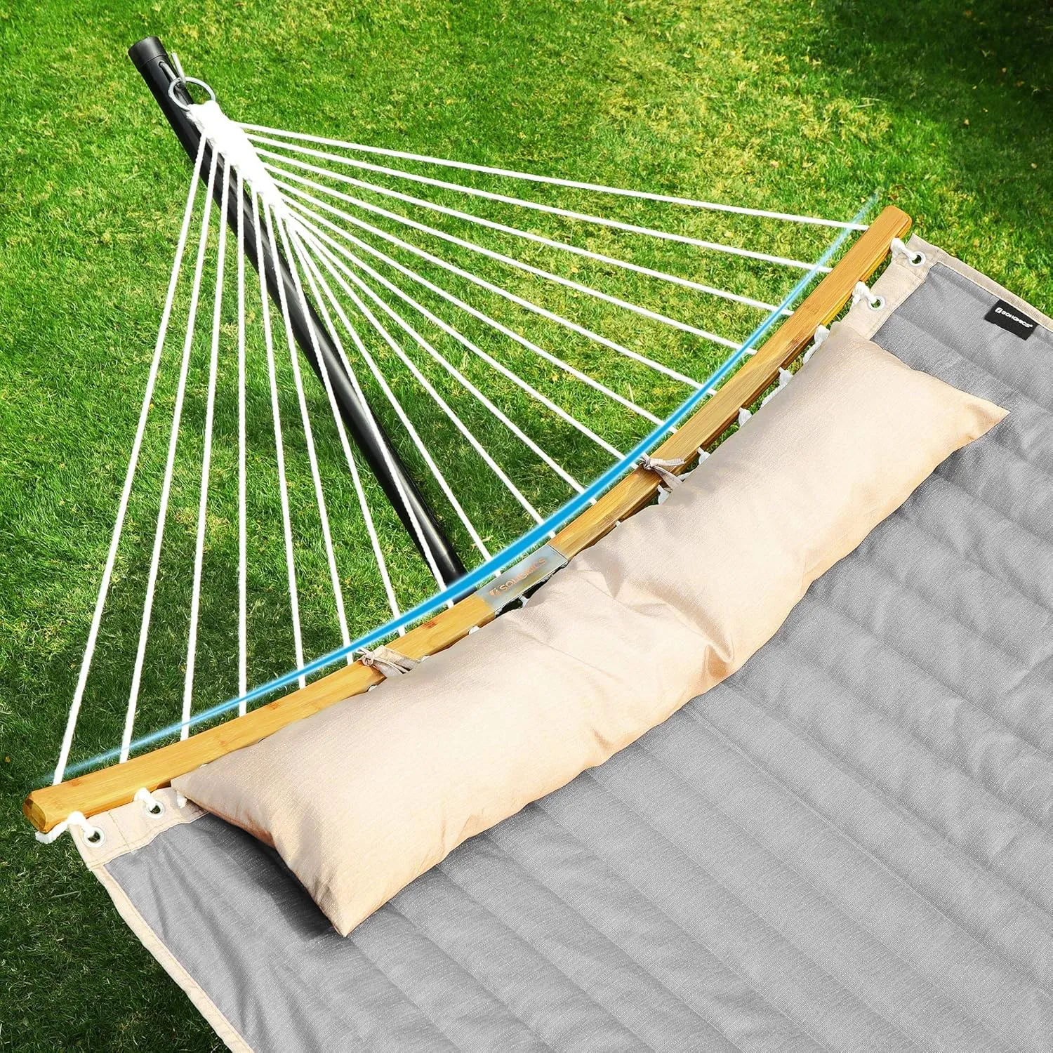 SONGMICS Hammock, Quilted Hammock with Curved Bamboo Spreaders, Pillow, 78.7 x 55.1 Inches, Portable Padded Hammock Holds up to 495 lb, Gray and Beige UGDC34CG