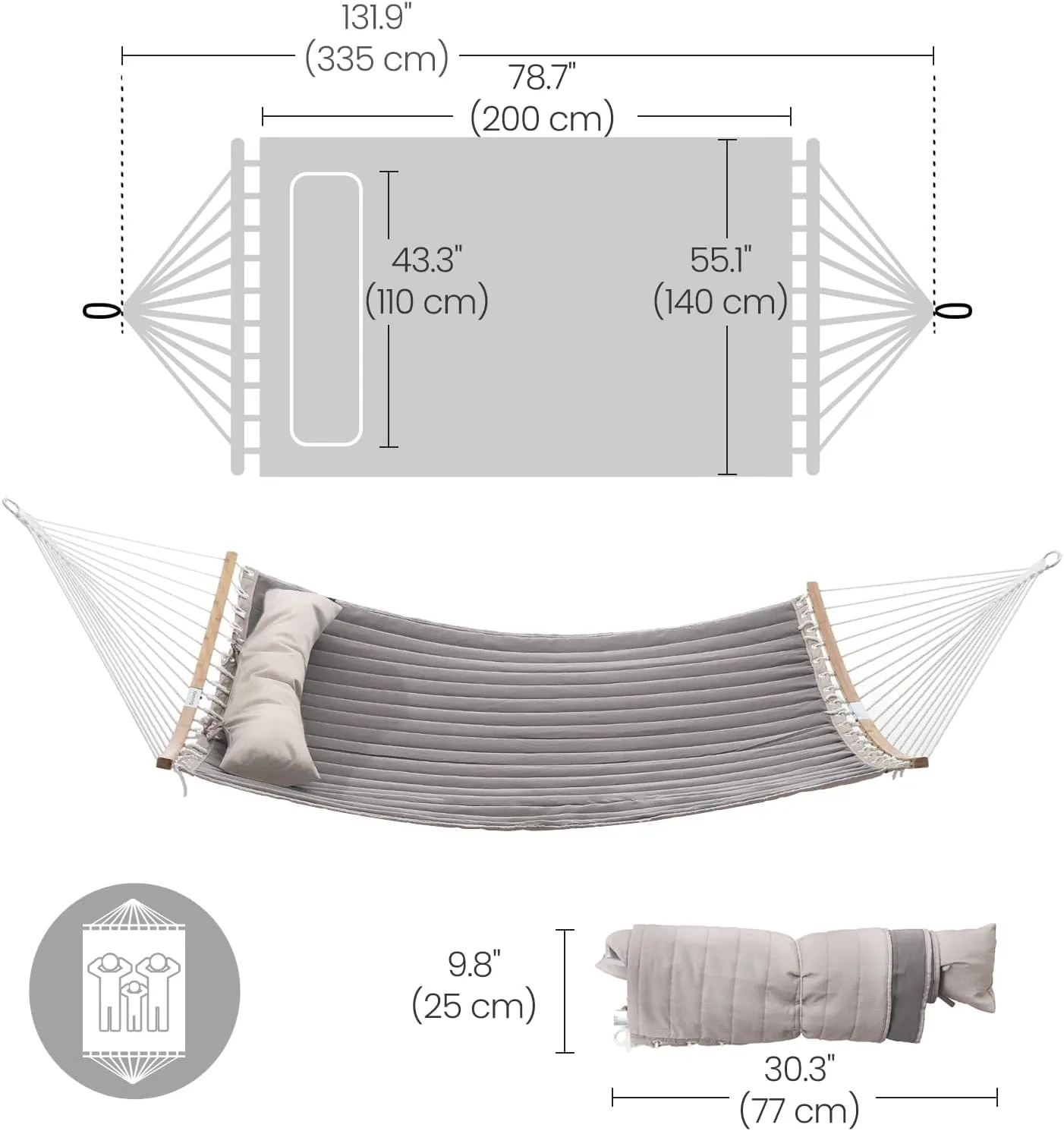 SONGMICS Hammock, Quilted Hammock with Curved Bamboo Spreaders, Pillow, 78.7 x 55.1 Inches, Portable Padded Hammock Holds up to 495 lb, Gray and Beige UGDC34CG