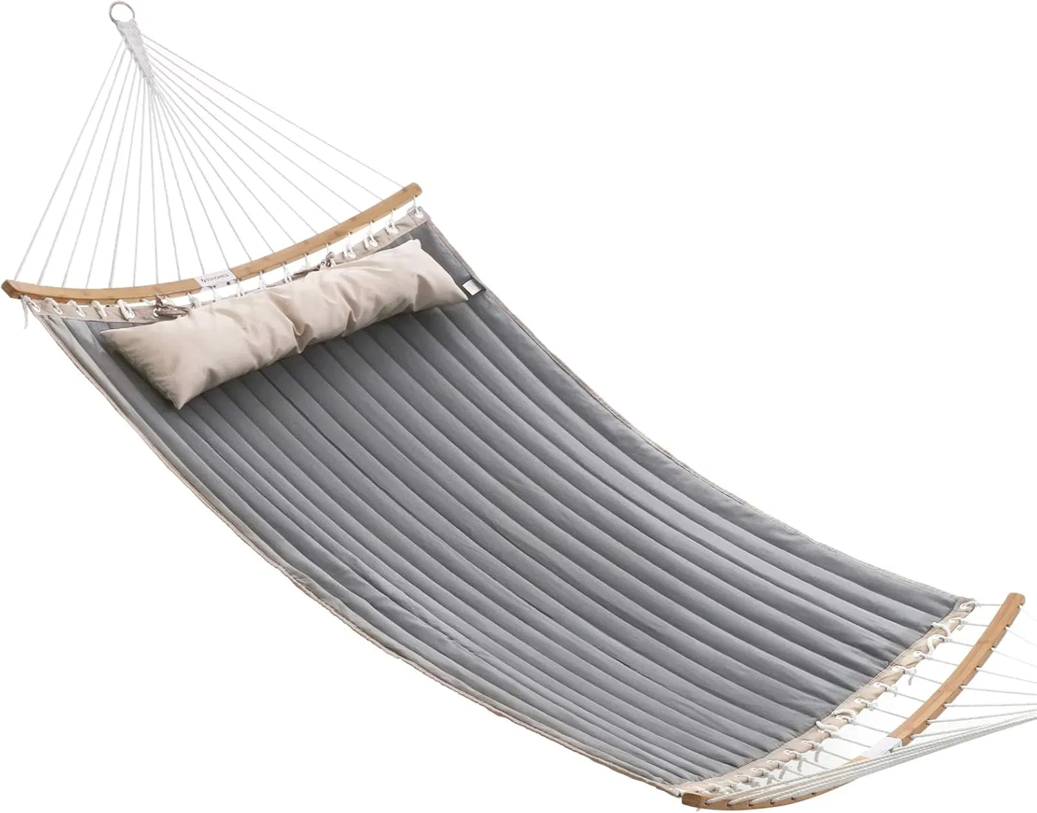 SONGMICS Hammock, Quilted Hammock with Curved Bamboo Spreaders, Pillow, 78.7 x 55.1 Inches, Portable Padded Hammock Holds up to 495 lb, Gray and Beige UGDC34CG