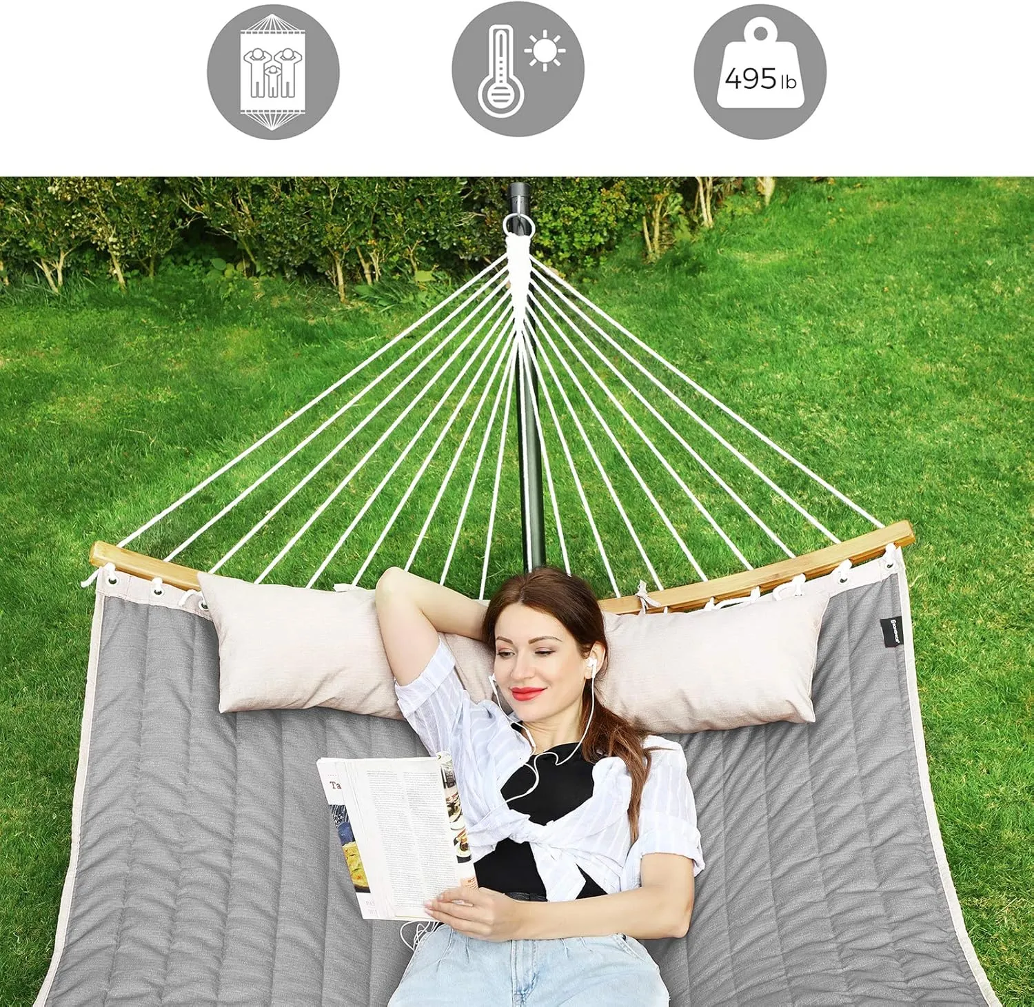 SONGMICS Hammock, Quilted Hammock with Curved Bamboo Spreaders, Pillow, 78.7 x 55.1 Inches, Portable Padded Hammock Holds up to 495 lb, Gray and Beige UGDC34CG