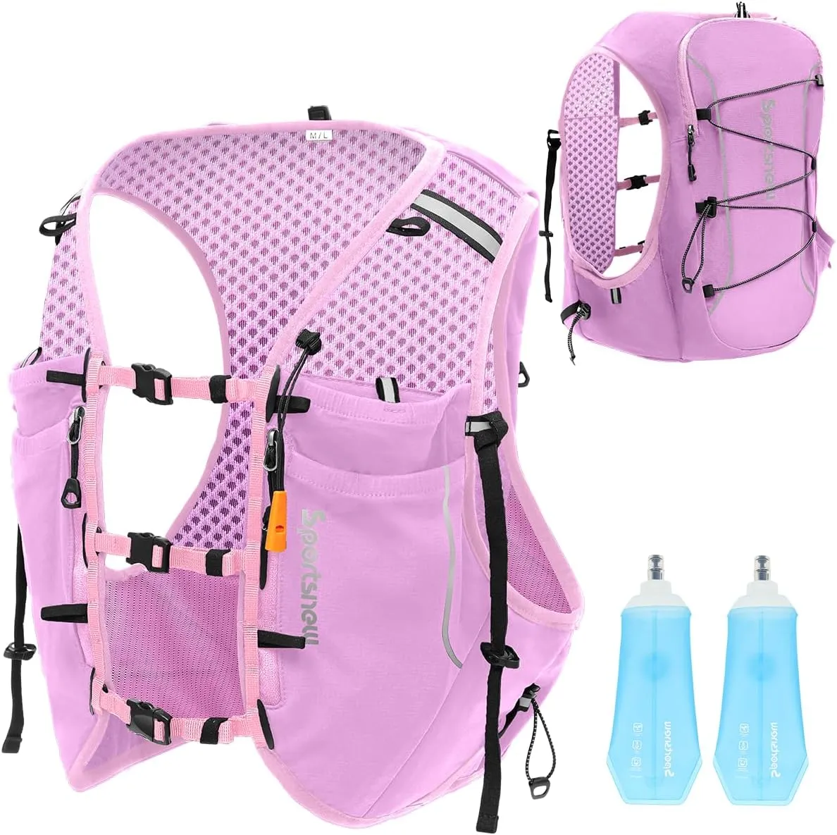 sportsnew Running Vest for Women Men, Lightweight 10L Hydration Backpack with Waterproof Phone Pocket, Breathable Pack for Hiking Trail Running (Pink with 2 x 500ML Soft Flask, M/L: Chest 32''-40'')