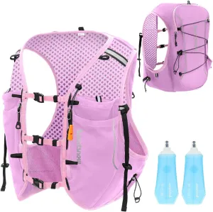 sportsnew Running Vest for Women Men, Lightweight 10L Hydration Backpack with Waterproof Phone Pocket, Breathable Pack for Hiking Trail Running (Pink with 2 x 500ML Soft Flask, M/L: Chest 32''-40'')
