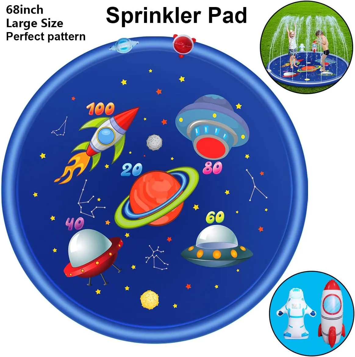 Sprinkler for Kids, Splash pad for Kids Dogs,Inflatable Fountain Play Summer Cool Toys,68 inch Rocket Splash pad.