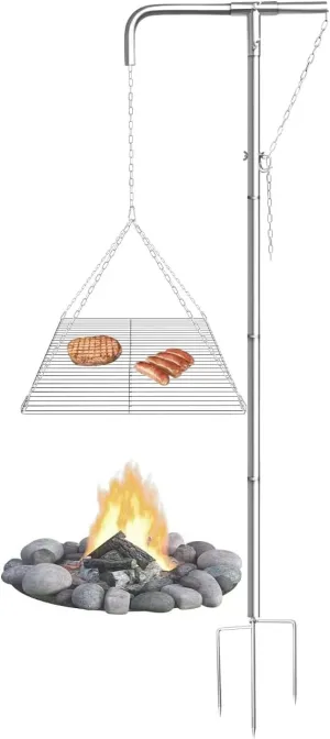 Stainless Steel Camping Grill - Adjustable Height,360° Rotatable & Foldable Camp Fire Cooking Equipment,Heavy Duty Portable Outdoor Open Flame Grilling Rack for Camping