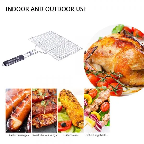 Stainless Steel Square Non-stick Barbecue Rack BBQ Grilling Basket with Removable Wooden Handle KW3010A