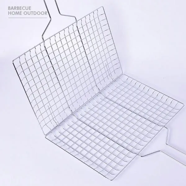 Stainless Steel Square Non-stick Barbecue Rack BBQ Grilling Basket with Removable Wooden Handle KW3010A