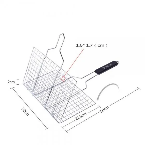 Stainless Steel Square Non-stick Barbecue Rack BBQ Grilling Basket with Removable Wooden Handle KW3010A