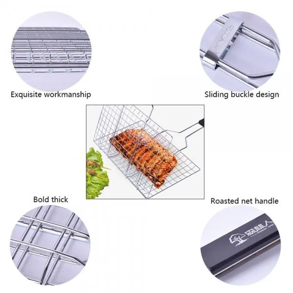 Stainless Steel Square Non-stick Barbecue Rack BBQ Grilling Basket with Removable Wooden Handle KW3010A