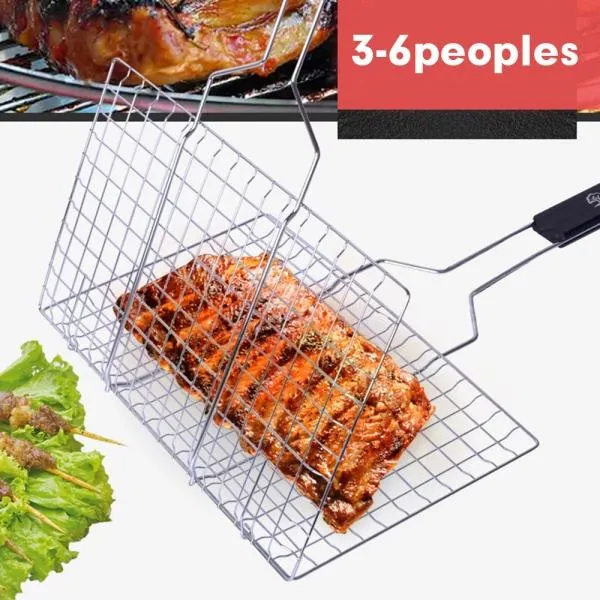 Stainless Steel Square Non-stick Barbecue Rack BBQ Grilling Basket with Removable Wooden Handle KW3010A