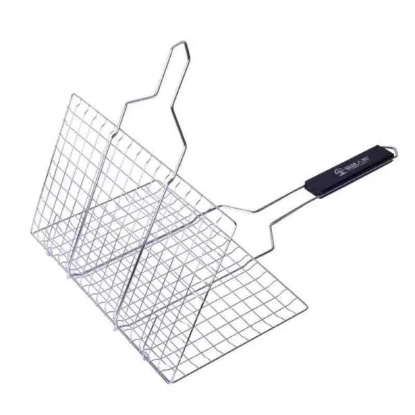 Stainless Steel Square Non-stick Barbecue Rack BBQ Grilling Basket with Removable Wooden Handle KW3010A
