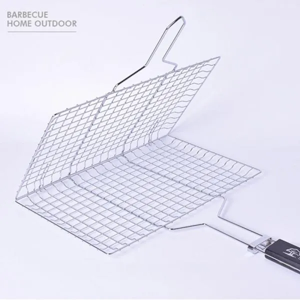 Stainless Steel Square Non-stick Barbecue Rack BBQ Grilling Basket with Removable Wooden Handle KW3010A