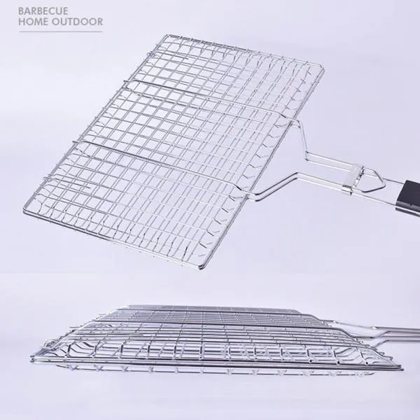 Stainless Steel Square Non-stick Barbecue Rack BBQ Grilling Basket with Removable Wooden Handle KW3010A