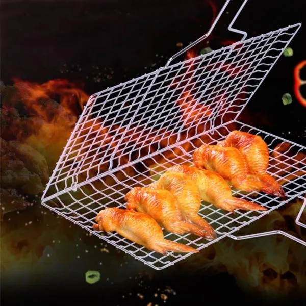 Stainless Steel Square Non-stick Barbecue Rack BBQ Grilling Basket with Removable Wooden Handle KW3010A