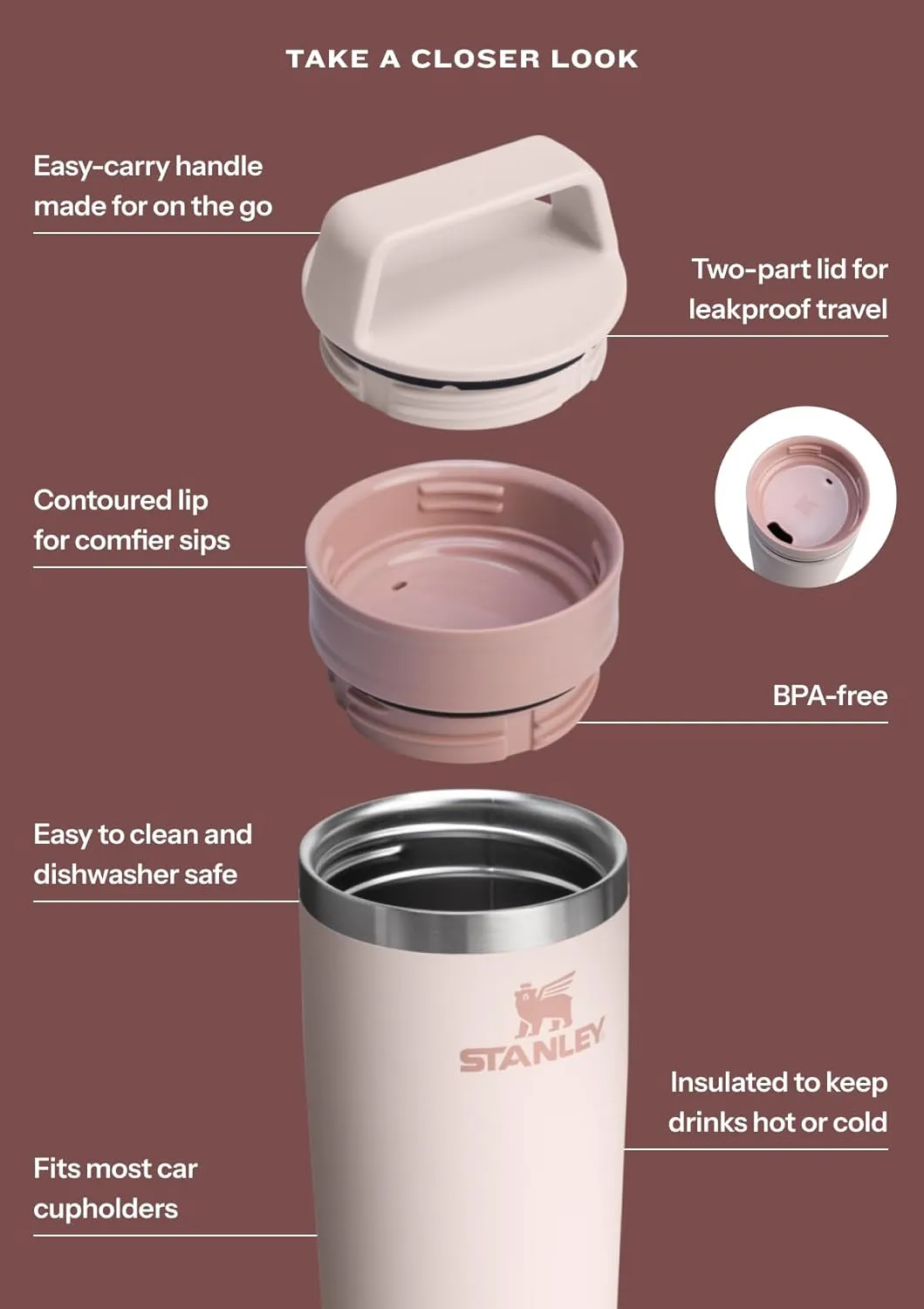 STANLEY Cafe To Go Travel Mug 16 oz | Leakproof Two-Part Drink Through Lid | Tumbler Cup for Coffee, Tea and Drinks | Insulated Stainless Steel Coffee Mug | BPA-Free | Rose Quartz