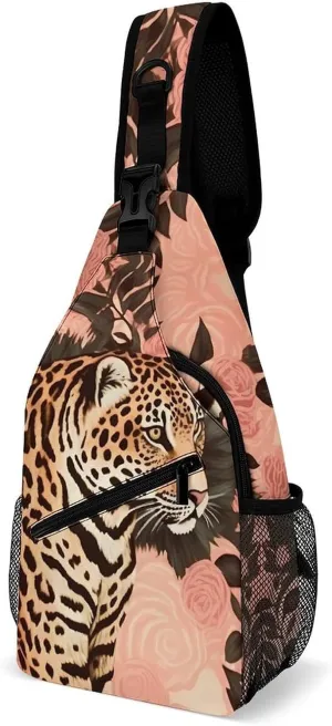 Striped Leopard Sling Bag with Rfid Blocking Causal Mens Crossbody Bag Lightweight Chest Pack Large Man Purse Travel Crossbody Backpack Shoulder Sling Backpack for Hiking Running Cycling