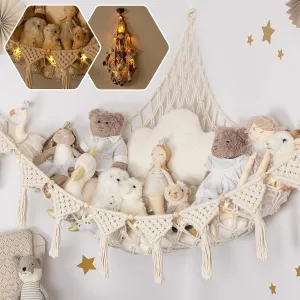 Stuffed Animal Hammock Corner | Sturdy Handcrafted Stuffed Animal Net | 4mm Double Macrame Cord Stuffed Animal Holder | Natural 100% Cotton Plushie Net | Toy Hammock w/LED Light (Ice Cream)