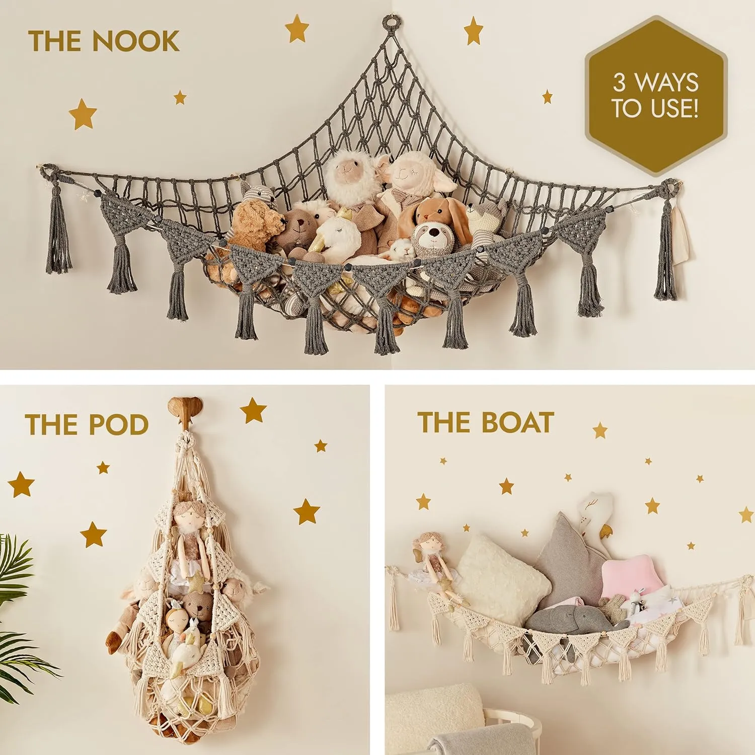 Stuffed Animal Hammock Corner | Sturdy Handcrafted Stuffed Animal Net | 4mm Double Macrame Cord Stuffed Animal Holder | Natural 100% Cotton Plushie Net | Toy Hammock w/LED Light (Ice Cream)