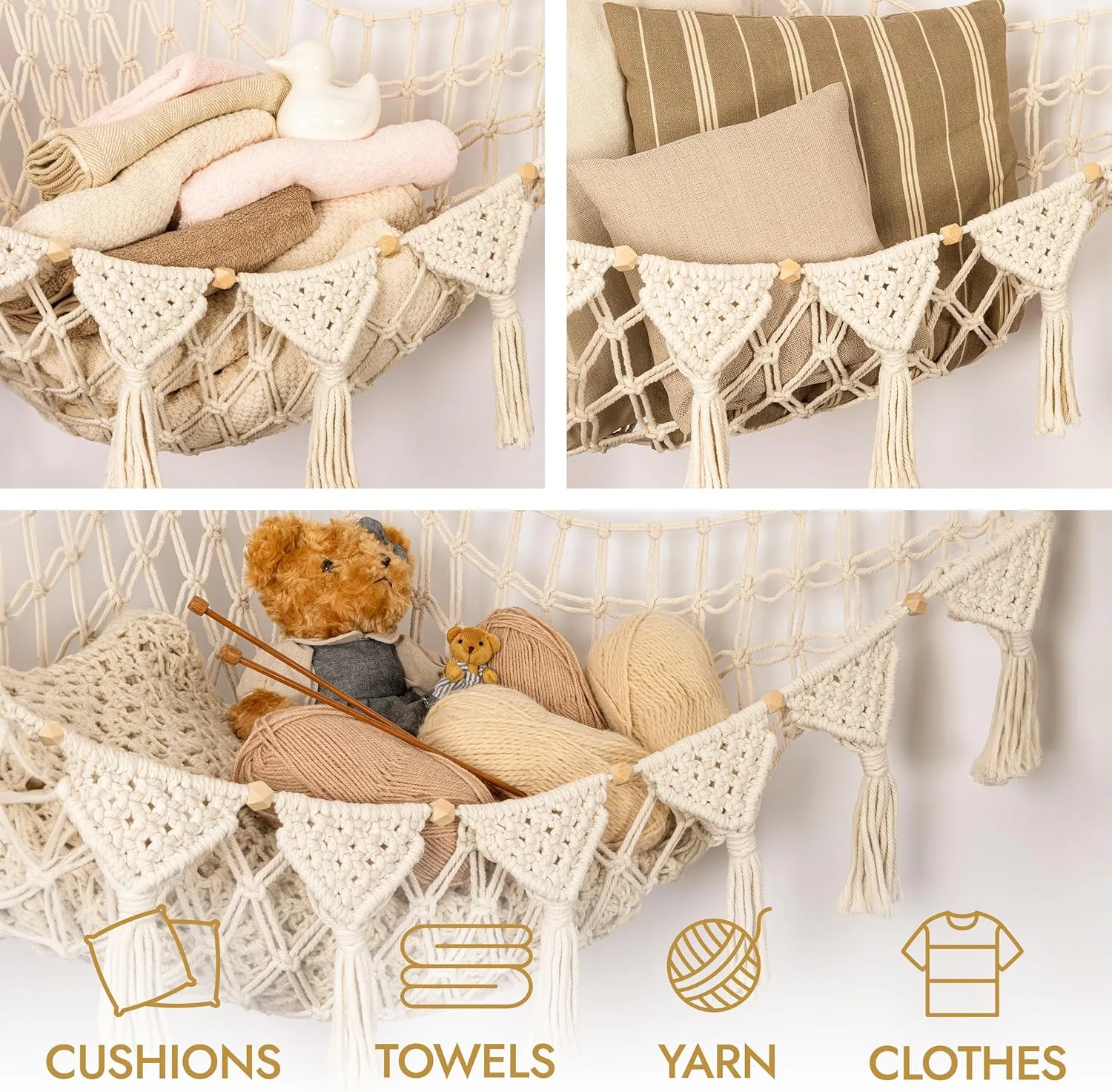 Stuffed Animal Hammock Corner | Sturdy Handcrafted Stuffed Animal Net | 4mm Double Macrame Cord Stuffed Animal Holder | Natural 100% Cotton Plushie Net | Toy Hammock w/LED Light (Ice Cream)