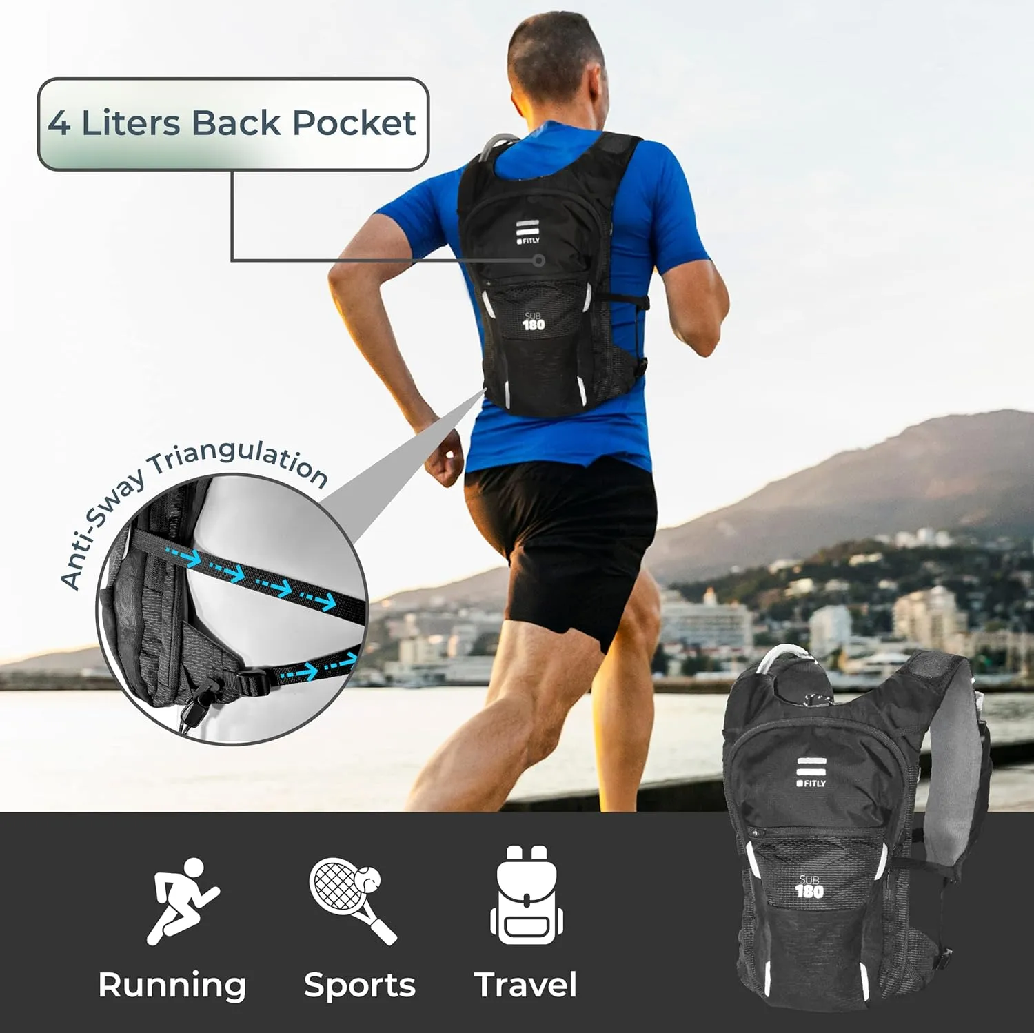 Sub180 Running Hydration Vest for Men & Women - Trail Running Vest with Water Bladder with 4 Pockets, 1L Bladder, 250ml Soft Flask - Anti-Sway Pack Gear - One Size Fits All