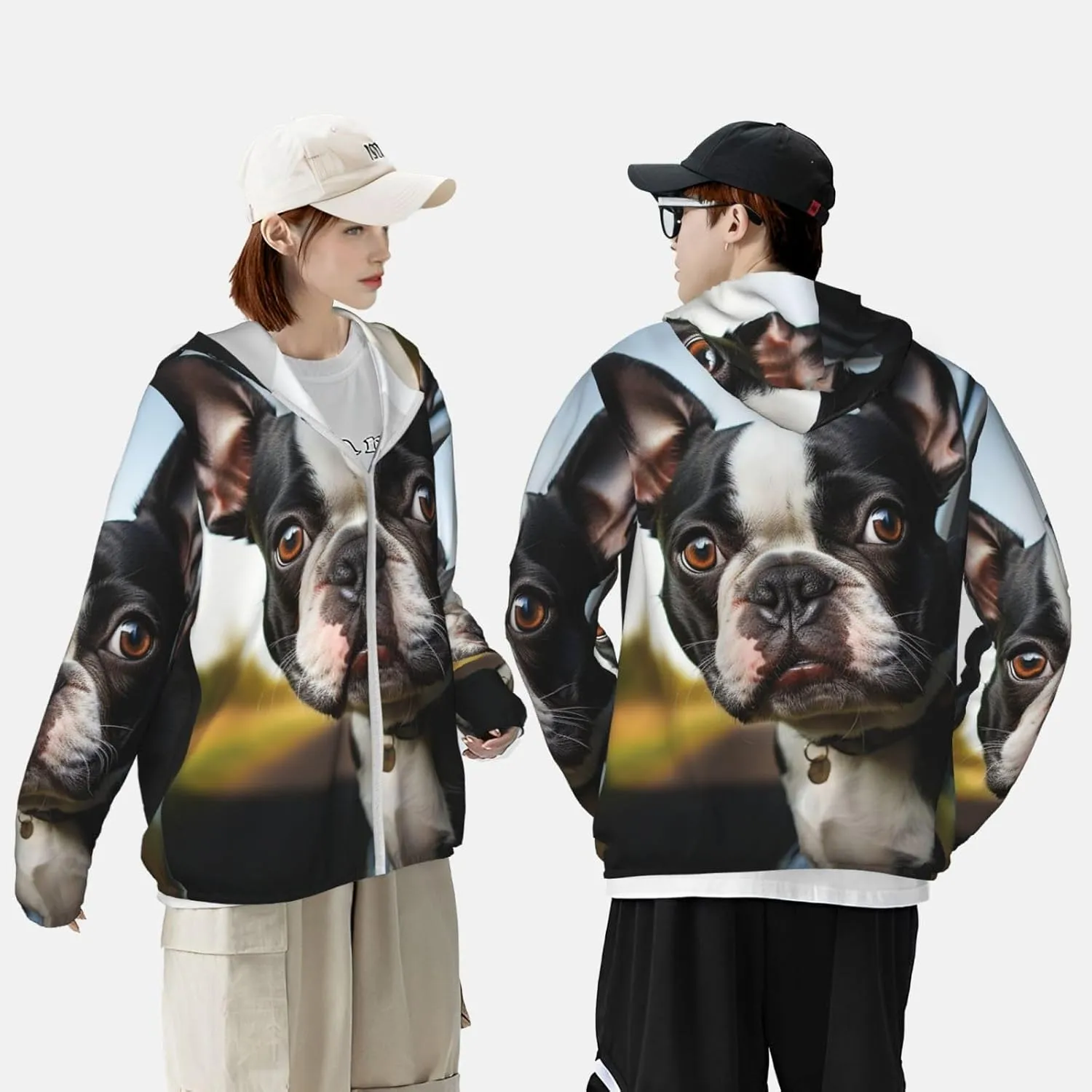 Sun Protection Hoodie Jacket Puppy Dog Boston Terrier Lightweight Long Sleeve Rash Guard Sun Shirt