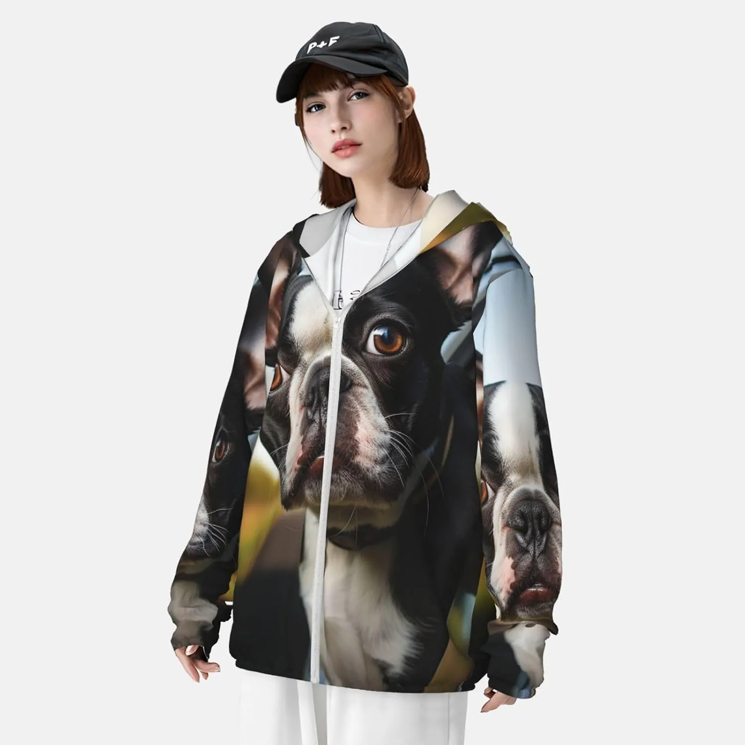 Sun Protection Hoodie Jacket Puppy Dog Boston Terrier Lightweight Long Sleeve Rash Guard Sun Shirt