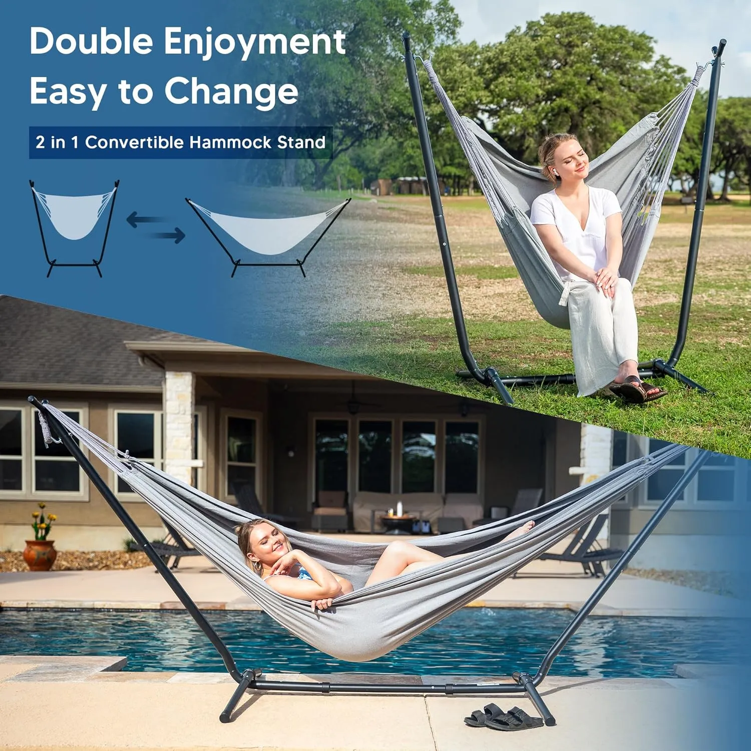 SUNCREAT 2-in-1 Convertible Extra Large Hammocks with Stand, Heavy Duty 2 Person Hammock for Outside with Stand, Patent Pending, Light Gray