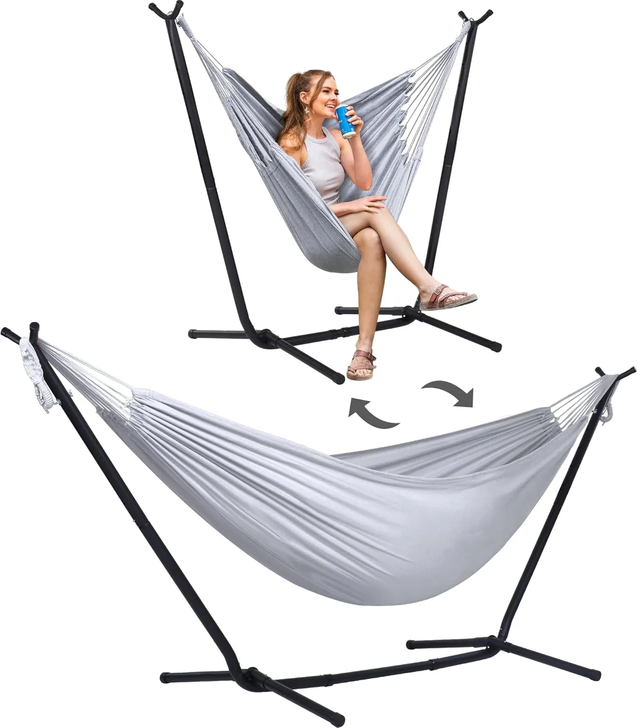 SUNCREAT 2-in-1 Convertible Extra Large Hammocks with Stand, Heavy Duty 2 Person Hammock for Outside with Stand, Patent Pending, Light Gray