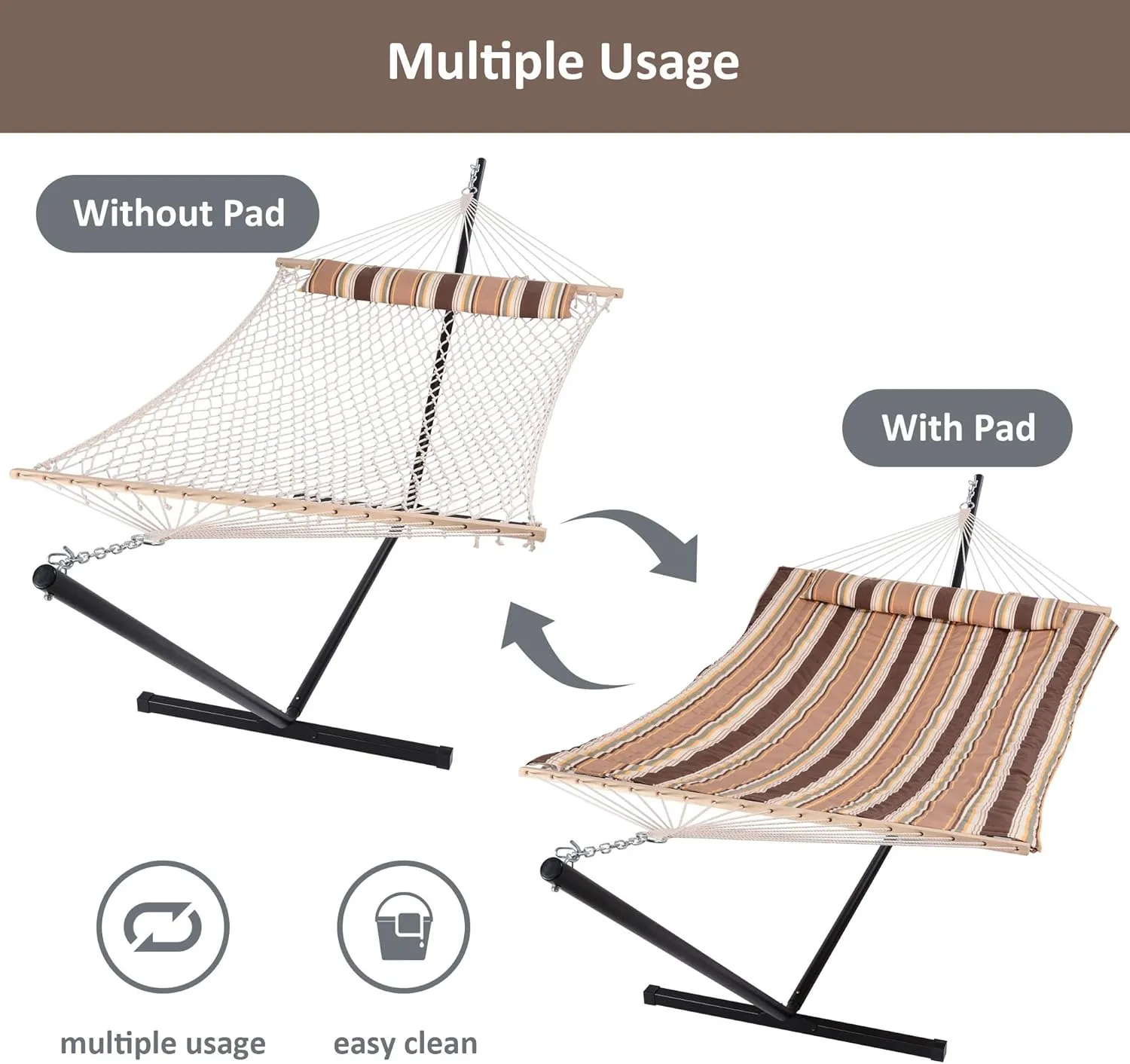 SUNCREAT Double Hammock with Stand, 2 Person Hammock with Reversible Pad and Cotton Rope Hammock, 475 lbs Capacity, Brown Stripe
