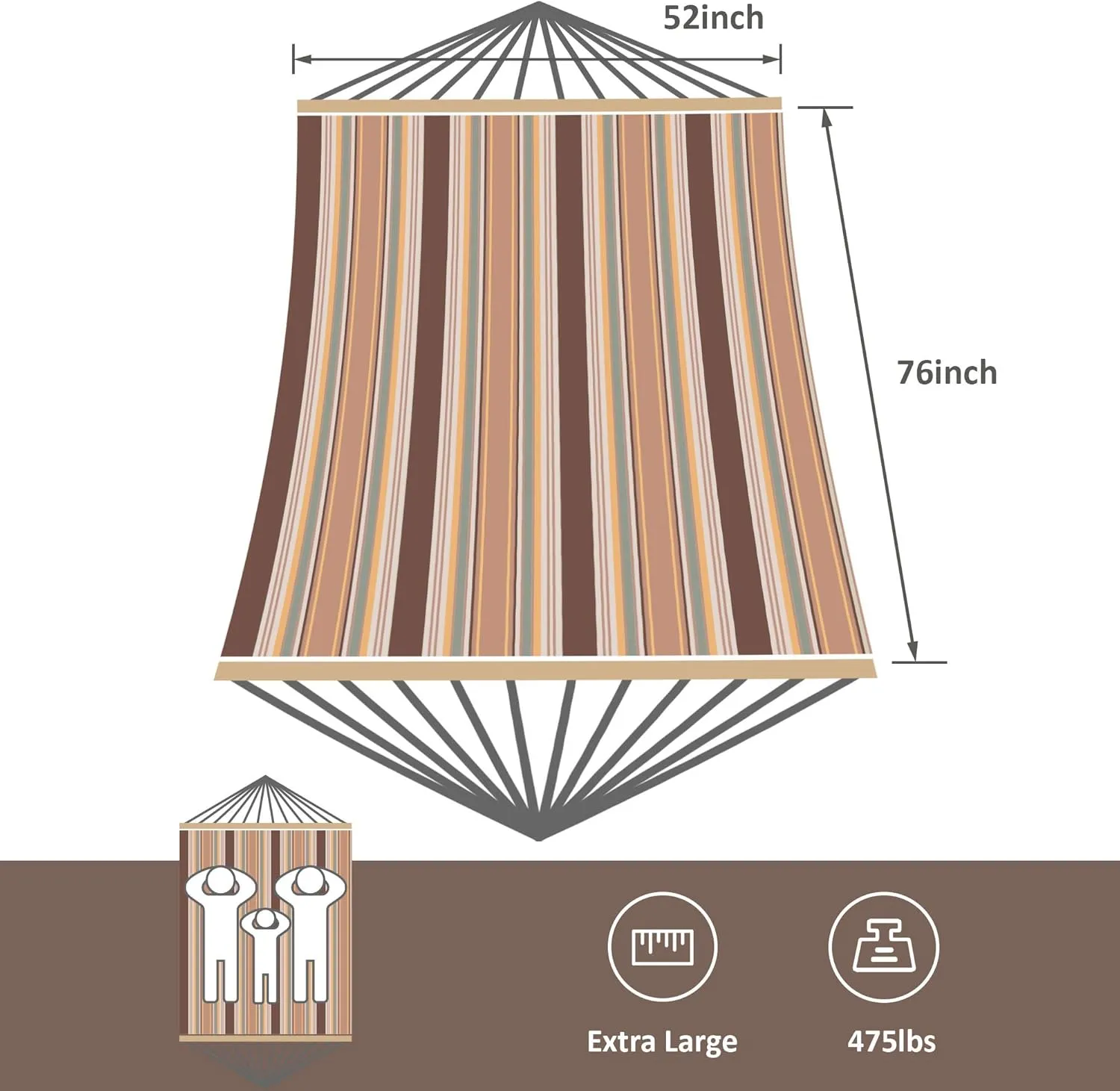 SUNCREAT Double Hammock with Stand, 2 Person Hammock with Reversible Pad and Cotton Rope Hammock, 475 lbs Capacity, Brown Stripe