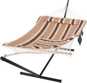 SUNCREAT Double Hammock with Stand, 2 Person Hammock with Reversible Pad and Cotton Rope Hammock, 475 lbs Capacity, Brown Stripe