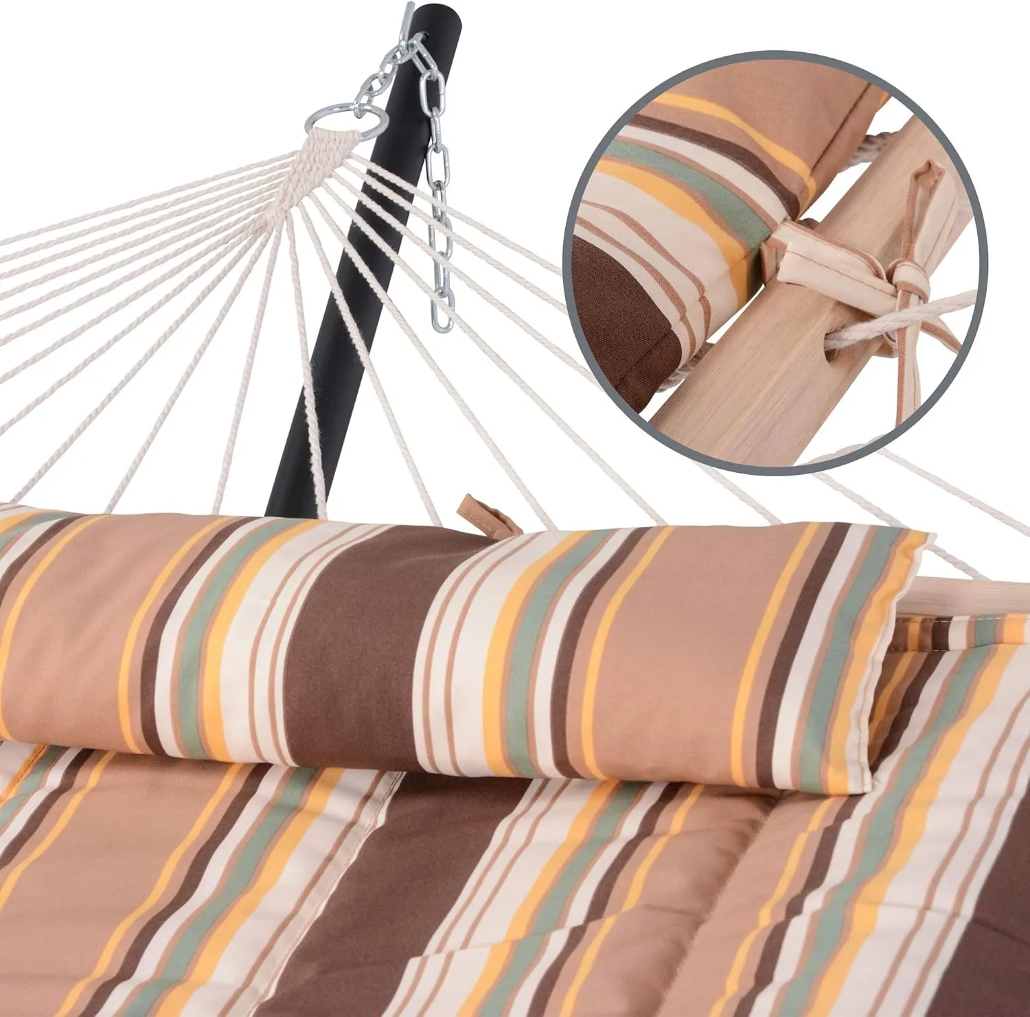 SUNCREAT Double Hammock with Stand, 2 Person Hammock with Reversible Pad and Cotton Rope Hammock, 475 lbs Capacity, Brown Stripe