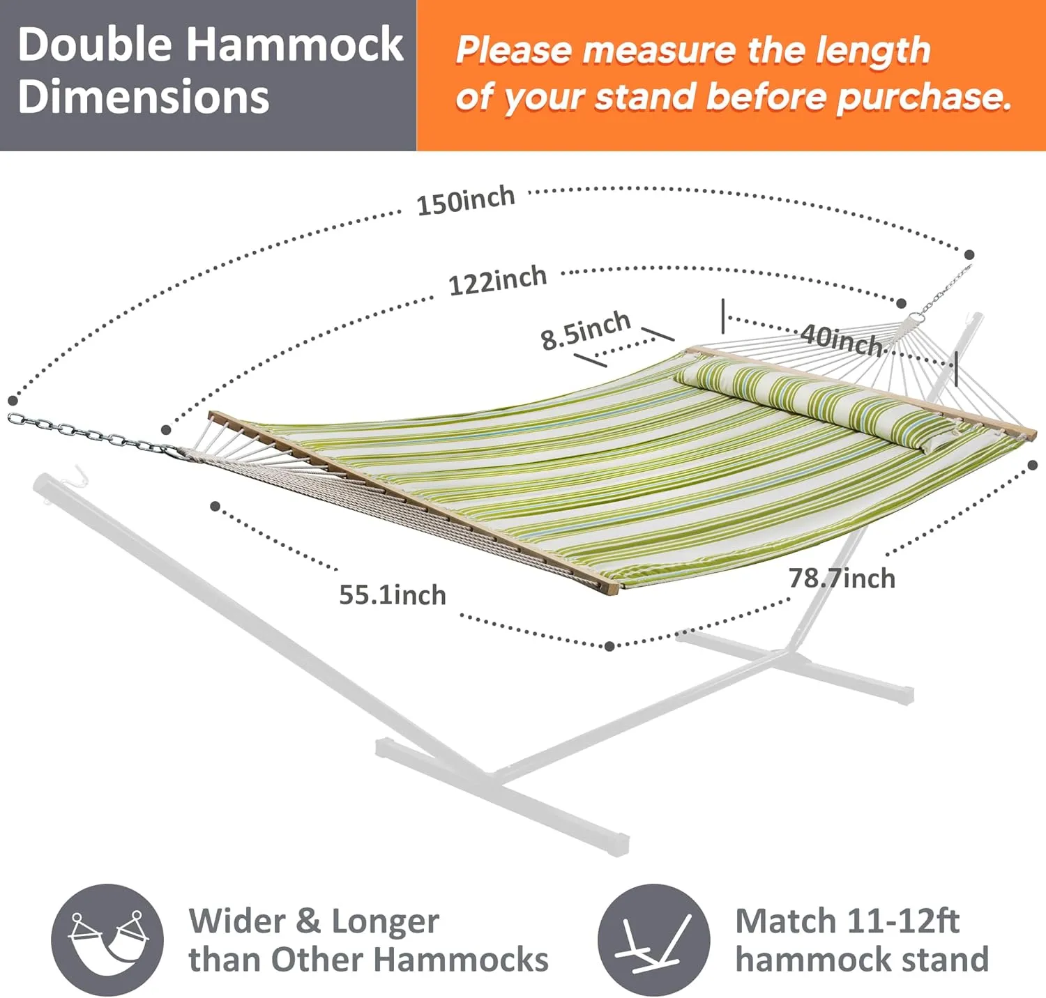 SUNCREAT Hammock 2 Person Heavy Duty, Double Hammocks for Trees, 2 Person Hammock with Spreader Bar, Green&Beige