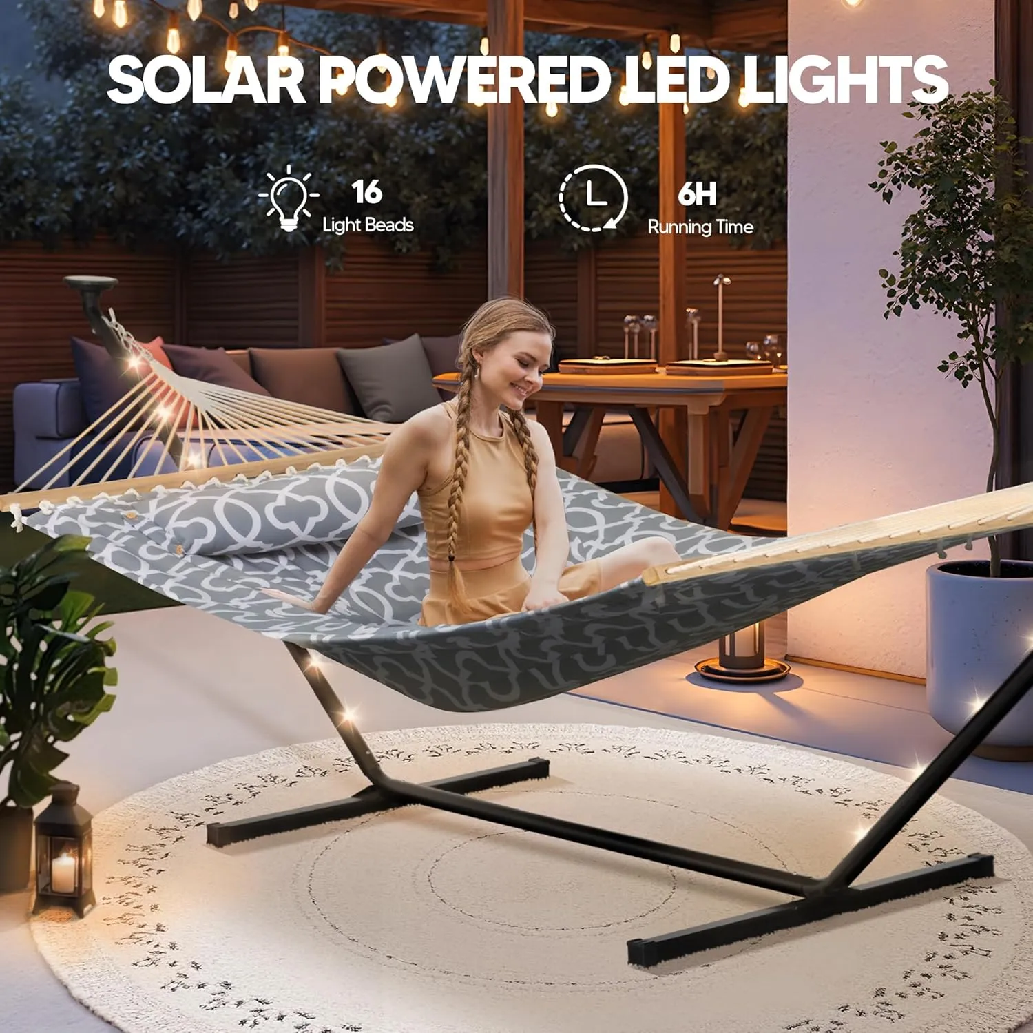 SUNCREAT Hammocks Outdoor 2 Person Hammock with Solar Powered Lights, Double Hammock with 12 ft Stand Included, Light Gray