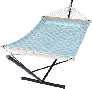 SUNCREAT Hammocks Outdoor Double Hammock with Stand, Extra Large Quilted Fabric Hammock Set, Green Pattern