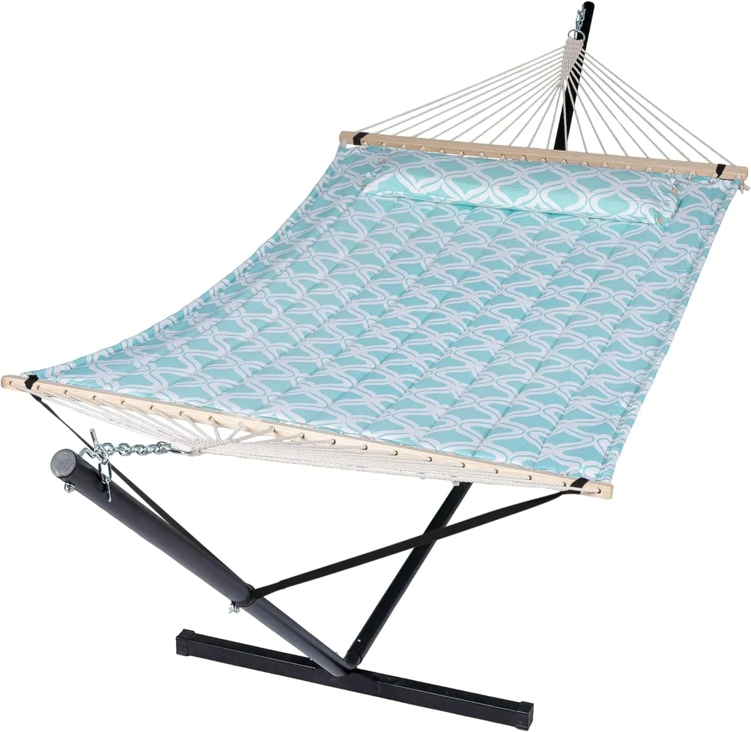 SUNCREAT Hammocks Outdoor Double Hammock with Stand, Extra Large Quilted Fabric Hammock Set, Green Pattern