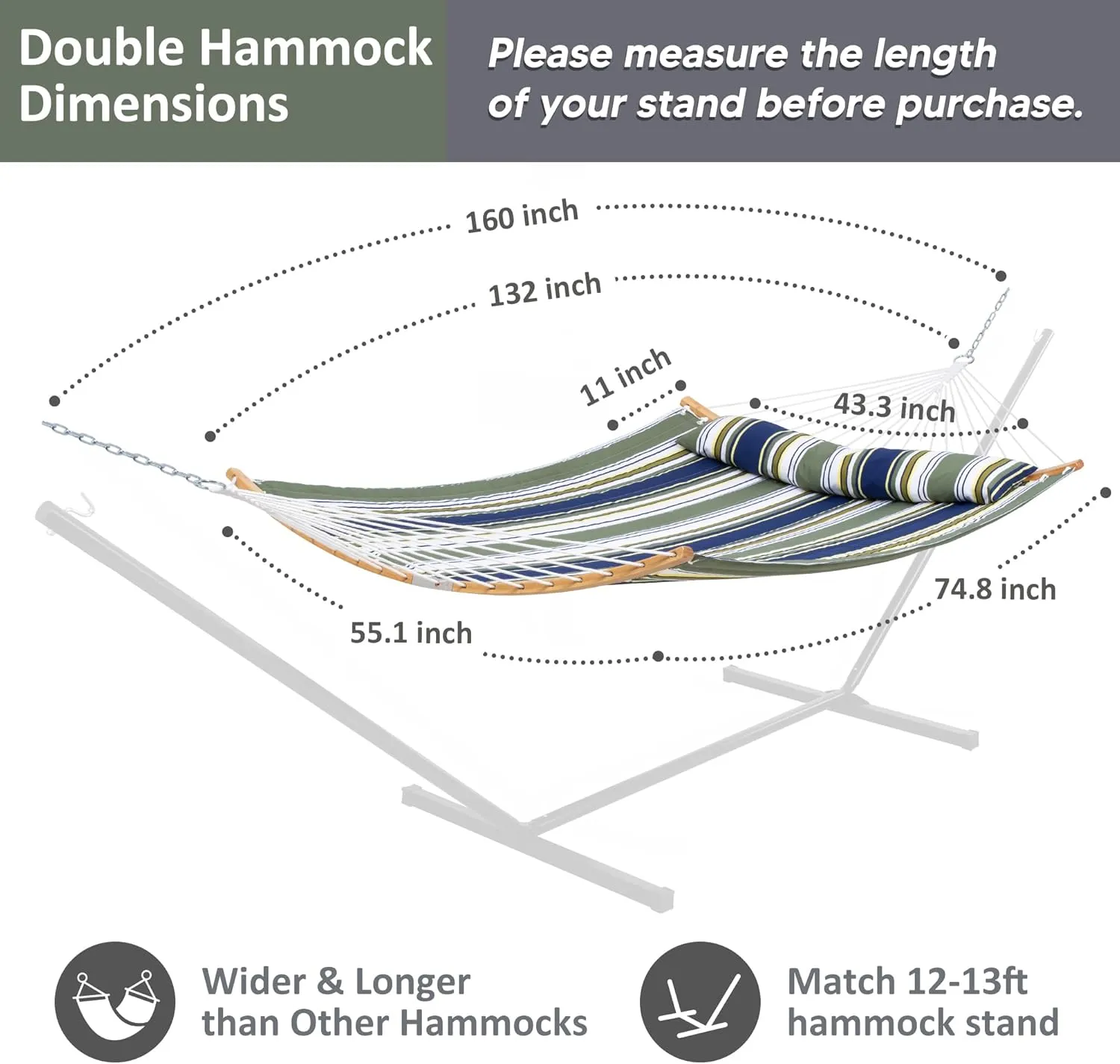 SUNCREAT Hammocks Portable Double Hammock with Curved Spreader Bar, 450 lbs Capacity, Heavy Duty Outdoor Hammock with Carrying Bag, Dark Green Stripes