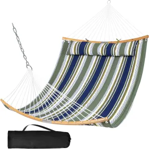 SUNCREAT Hammocks Portable Double Hammock with Curved Spreader Bar, 450 lbs Capacity, Heavy Duty Outdoor Hammock with Carrying Bag, Dark Green Stripes