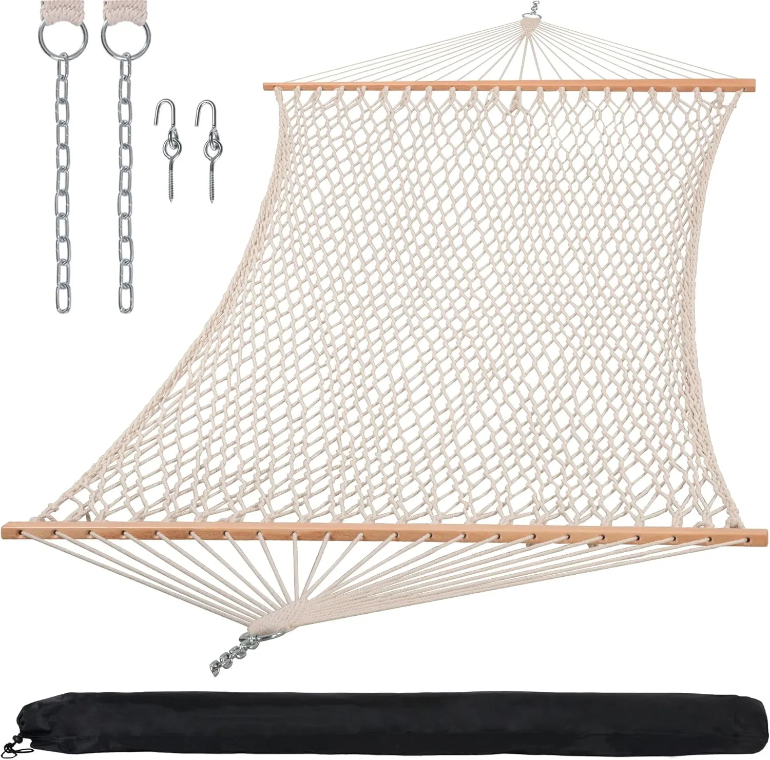 SUNCREAT Hammocks Traditional Rope Double Hammock with Hardwood Spreader Bar and Carrying Bag, 450 lbs Capacity, Natural