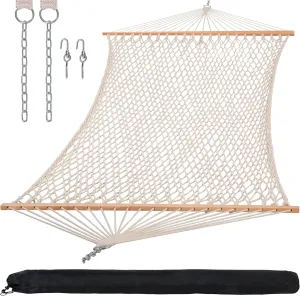 SUNCREAT Hammocks Traditional Rope Double Hammock with Hardwood Spreader Bar and Carrying Bag, 450 lbs Capacity, Natural