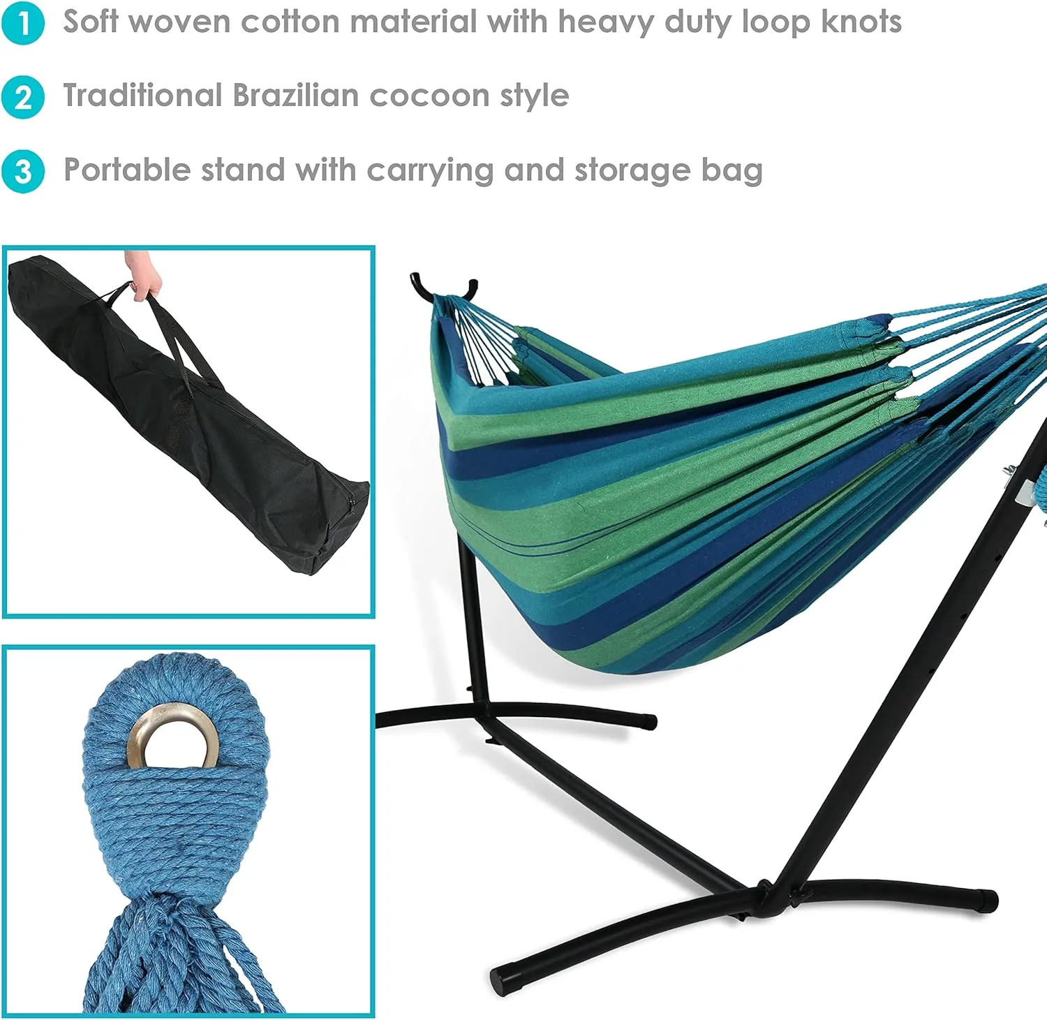 Sunnydaze Double Brazilian Hammock with Stand and Carrying Case - 400-Pound Capacity - Black Stand - Beach Oasis